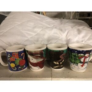 Set of 4 Snowman Teddy Gift Mugs Ceramic  Christmas Winter Holiday Coffee Cocoa